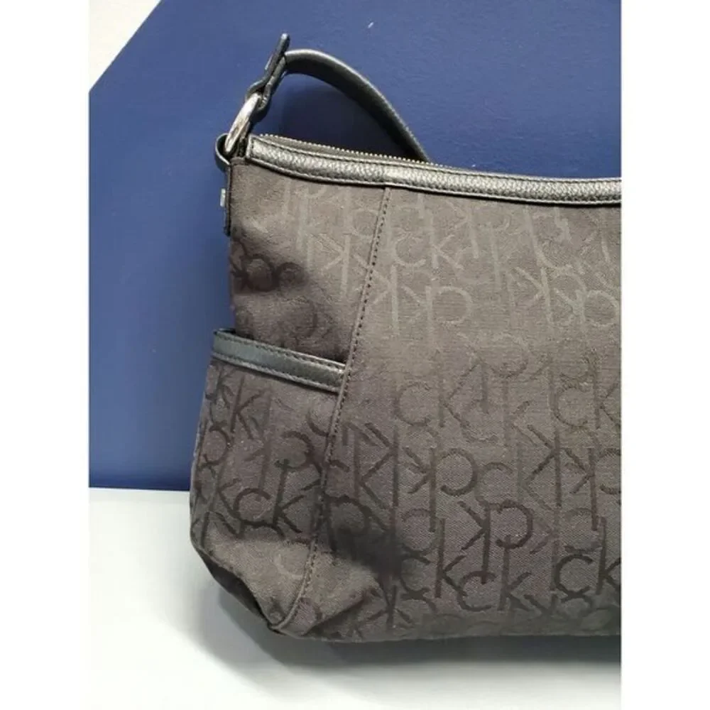 Calvin Klein Hobo Bag Womens Black Canvas‎ Shoulder Strap Silver Hardware